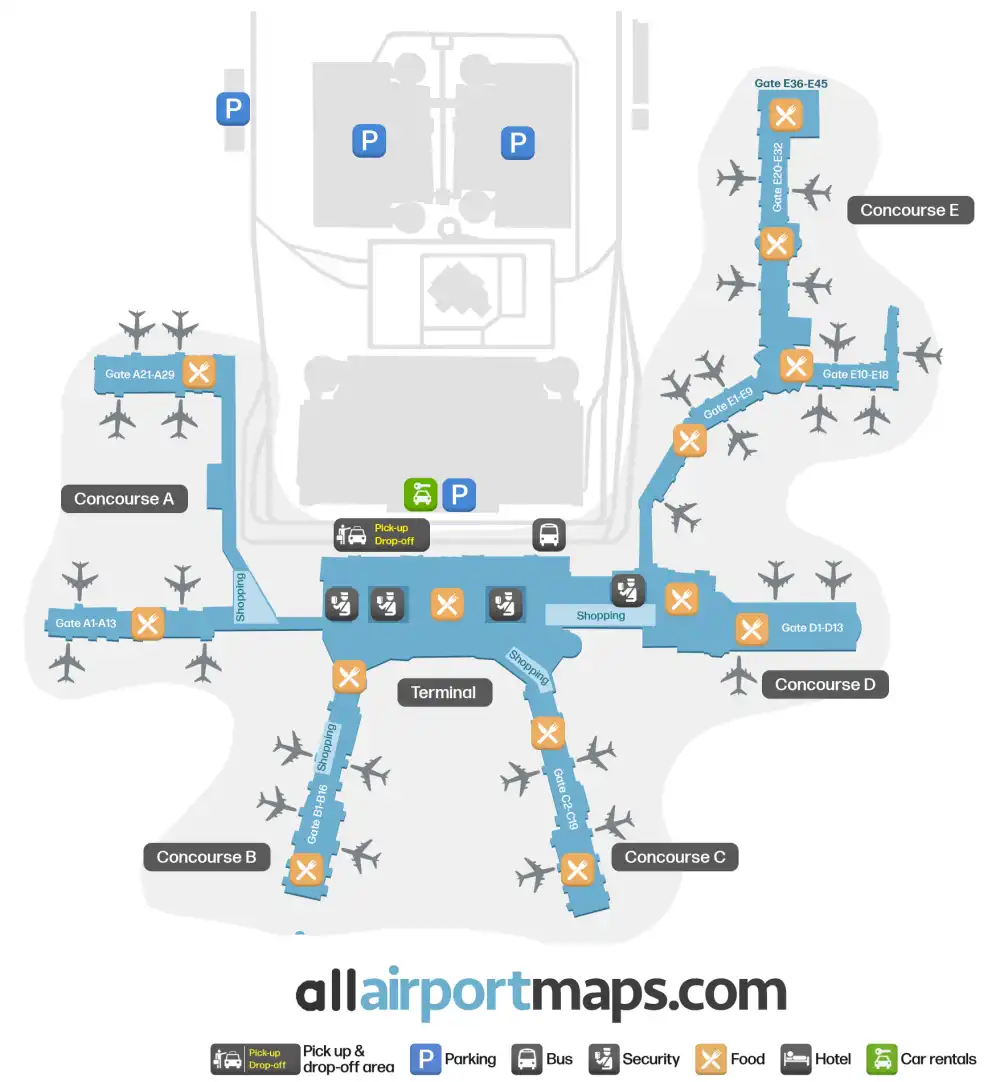Mapa de la terminal del Aeropuerto Internacional de Charlotte-Douglas